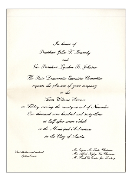 Texas Welcome Dinner Invitation to the Event Honoring President John F. Kennedy the Night of His Assassination
